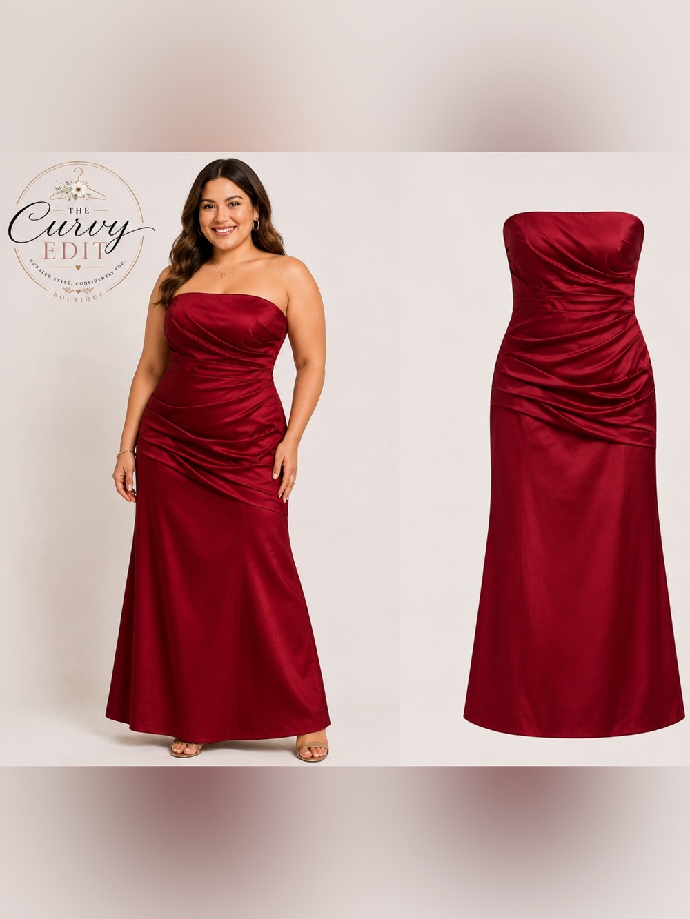 David’s Bridal Strapless Ruched Satin Gown Size 14 Ruby Red Dress Holiday Chic